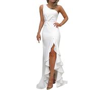 Mujer Vestidos de Fiesta Largos de Noche Elegantes Ropa Dama de Honor Sin Espalda con Volantes y Hombros Caído Talle Alto con Aberturas A-línea Vestido Largo Vestidos de Noche Coctel(D Blanco,L)