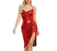 Mujer Vestidos Glitter Metallic Net Mini Vestido Lentejuelas Espagueti Correa Backless Vestido con Escote Swing Sin Mangas Figura-Abrazando con Cordón Vestidos Ajustados, Rojo