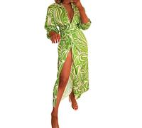 Mujer Vestidos Mujeres Impreso Media Manga Elegante Chaqueta de Punto Bloque de Color Estampado a Rayas Vestido Camisero Fiesta Ranura Cinturón Vestido Envuelto, verde, S