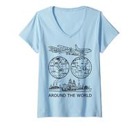 Mujer Viajar Alrededor del Mundo Vintage Travel Art 2 Shapes Mania Camiseta Cuello V