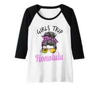 Mujer Viaje a Juego para niñas Honolulu Hawaii Moño desordenado Camiseta Manga Raglan