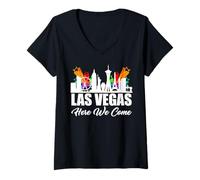 Mujer Viaje a Las Vegas: Here We Come Friends Family Matching es divertido Camiseta Cuello V