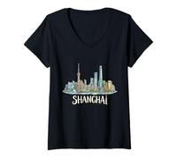 Mujer Viaje a Shanghái, China, Recuerdo, Ciudad emblemática, Regalo Camiseta Cuello V