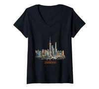 Mujer Viaje a Shanghái, China, Recuerdo, Ciudad emblemática, Regalo Camiseta Cuello V