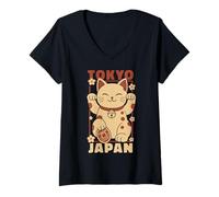 Mujer Viaje a Tokio Japón Maneki Neko Lucky Cat Vintage Art Travel Camiseta Cuello V