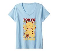 Mujer Viaje a Tokio Japón Maneki Neko Lucky Cat Vintage Art Travel Camiseta Cuello V