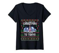 Mujer Viaje a Tokio Japón Navidad Feo suéter de Navidad Skyline Camiseta Cuello V