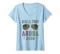 Mujer Viaje Chicas Vintage Aruba 2026 Viajes Vacaciones Camiseta Cuello V