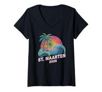 Mujer Viaje Retro a ST Maarten 2026, Vacaciones, Vacaciones para niñas y Hermanas Camiseta Cuello V
