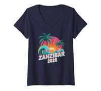 Mujer Viaje Vintage a ZANZÍBAR 2026, Vacaciones, Vacaciones, cumpleaños a Juego Camiseta Cuello V