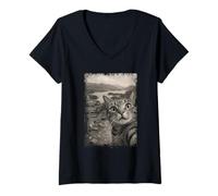 Mujer Viaje Vintage Divertido para Amantes de los Gatos en Lake District Camiseta Cuello V