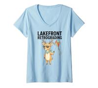 Mujer Vibraciones retrógradas Frente al Lago, Amante de los Ciervos, Vida en el Lago, Humor, Livi Camiseta Cuello V