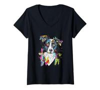 Mujer Vibrante Abstracto Border Collie Perro Arte Boceto Camiseta Cuello V