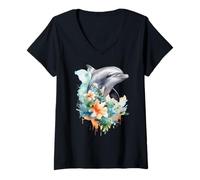 Mujer Vibrante Acuarela delfín Tropical Floral océano Arte Camiseta Cuello V