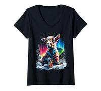 Mujer Vibrante Cabra de Invierno con Aurora Boreal Animal Invernal Camiseta Cuello V