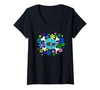 Mujer Vibrante Calavera de azúcar Verde Azul y Arte Floral Camiseta Cuello V