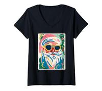Mujer Vibrante Papá Noel en Gafas de Sol Arte de Pinceladas navideñas Camiseta Cuello V