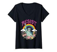 Mujer Vibrante Resist Lady Liberty Rainbow Floral Graphic Camiseta Cuello V