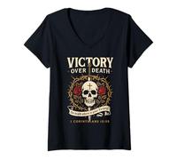 Mujer Victoria sobre la Muerte 1 Corintios 15:55 Oscuro Christian Gothic Camiseta Cuello V