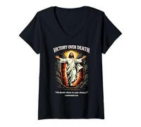 Mujer Victoria sobre la Muerte Jesús Resurrección 1 Corintios 15:55 Camiseta Cuello V