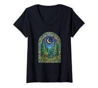 Mujer Vidrieras Estilo Luna con Forma de árbol del Bosque Camiseta Cuello V
