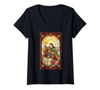 Mujer Vidrieras Mitología Japonesa Daikokuten Shinto God Camiseta Cuello V