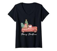 Mujer Viejo camión agrícola Cargado con árbol de Navidad Camiseta Cuello V