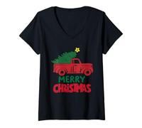 Mujer Viejo camión agrícola Cargado con árbol de Navidad y Estrella Camiseta Cuello V