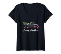 Mujer Viejo camión Cargado con árbol de Navidad, Feliz Navidad Camiseta Cuello V