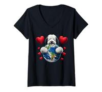 Mujer Viejo Inglés Pastor Perro Día de la Tierra Abrazo Amor Dueño Planeta Mamá Camiseta Cuello V