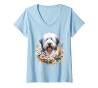 Mujer Viejo perro pastor inglés verano flores silvestres Camiseta Cuello V