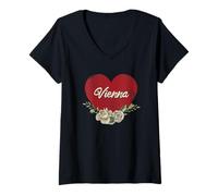 Mujer Viena Austria Ciudad Vintage Viaje Vacaciones Corazón Rosas Camiseta Cuello V