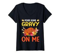 Mujer Vierte un Poco de Salsa en mí Feliz día de Pavo Cena de Acción de Gracias Camiseta Cuello V