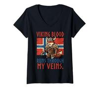 Mujer Viking Blood Runs Through My Veins Bandera de Noruega Escandinava Camiseta Cuello V