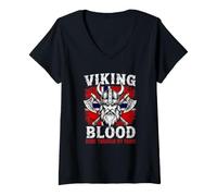 Mujer Viking Blood Runs Through My Veins Bandera Noruega Noruega Camiseta Cuello V
