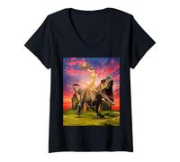 Mujer Viking Cat Riding Dinosaur Cat Humor Cats Lover Camiseta Cuello V