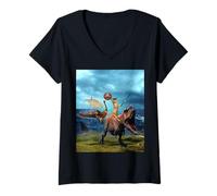 Mujer Viking Cat Riding Dinosaur Cat Humor Cats Lover Camiseta Cuello V