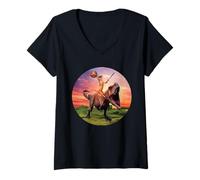 Mujer Viking Cat Riding Dinosaur Cat Humor Cats Lover Camiseta Cuello V
