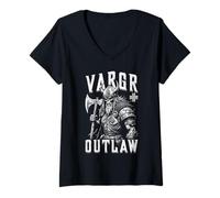 Mujer Viking Skull Vargr Outlaw Skeleton Warrior Old Norse Hacha Camiseta Cuello V