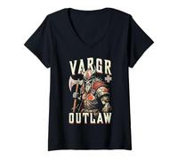 Mujer Viking Skull Vargr Outlaw Skeleton Warrior Old Norse Hacha Camiseta Cuello V