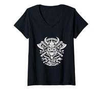 Mujer Viking Skull Warrior Nórdico Mitología Hachas Cuervos Longship Camiseta Cuello V