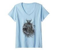 Mujer Vikingo con Casco Hacha Cuervo Valhalla Mitología nórdica Camiseta Cuello V
