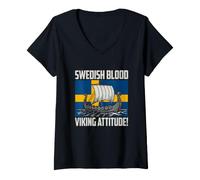 Mujer Vikingo Divertido Diciendo Actitud vikinga de Sangre Sueca Camiseta Cuello V