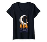 Mujer Village Witch Crescent Brooms Low Poly Geométrico Camiseta Cuello V