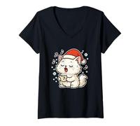 Mujer Villancicos Cantando de Papá Noel Camiseta Cuello V