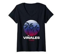 Mujer Vinales Cuba Retro Atardecer Palmeras Tropical Cuba Viajes Camiseta Cuello V