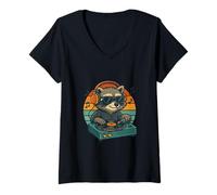 Mujer Vinil Retro DJ Raccoon Vibes Camiseta Cuello V