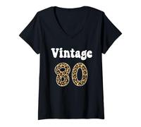 Mujer Vintage 80 años cumpleaños leopardo patrón celebración Camiseta Cuello V