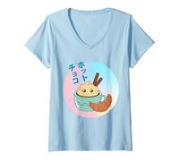 Mujer Vintage 90s Kawaii Japanese Hot Chocolate & Croissant Camiseta Cuello V