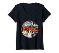 Mujer Vintage Amsterdam Países Bajos Viajes Iconos Doodle Art Style Camiseta Cuello V